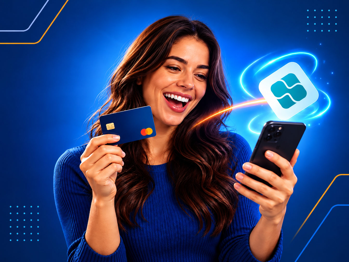 mulher segurando cartão e celular
